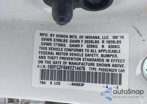 2019 Honda Civic Lx из США, поврежденный, VIN 19XFC2F66KE214476